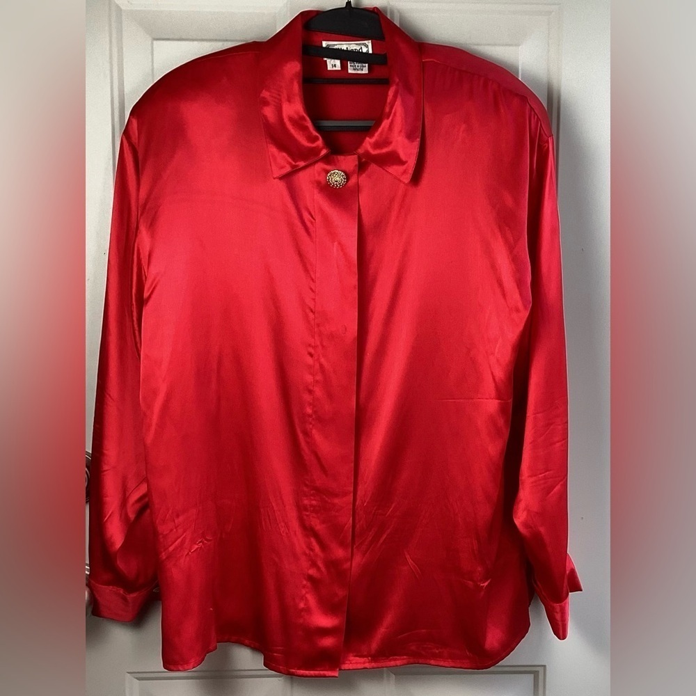 SilkLand Red 100% Silk button down Blouse Size 14 vintage